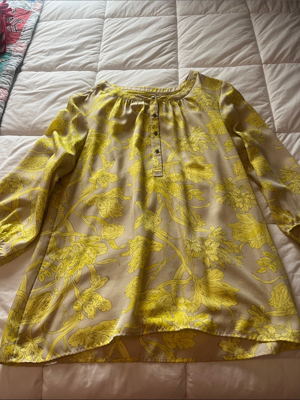 Banana Republic Yellow and Taupe Floral Henley Tunic